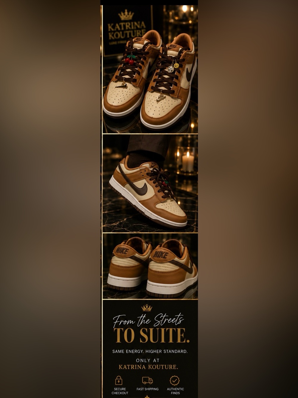 Nike Dunk Low Wheat Mocha Brown Cream Custom Lace Charms Women’s Sneakers EUC